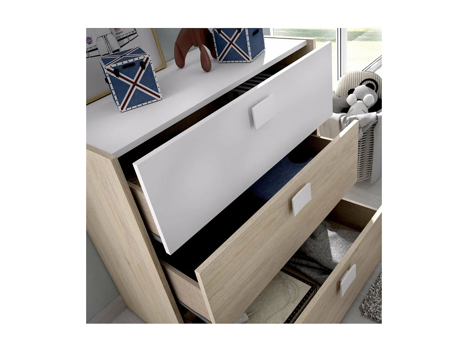 Comoda Santisteban 3 cajones en acabado natural/blanco 81 cm(alto)80 cm(ancho)43 cm(largo)