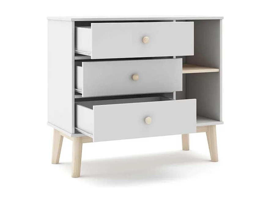 Cómoda 3 cajones 2 huecos Dylan acabado blanco/cera blanco, 81cm(alto) 90cm(ancho) 40cm(l