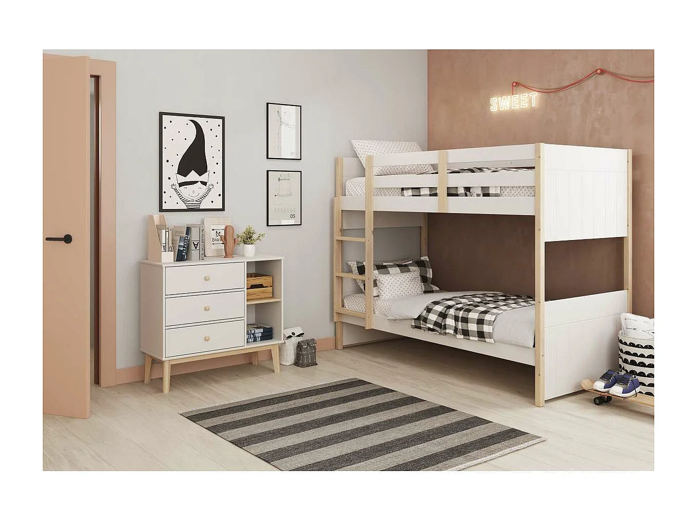 Cómoda 3 cajones 2 huecos Dylan acabado blanco/cera blanco, 81cm(alto) 90cm(ancho) 40cm(l