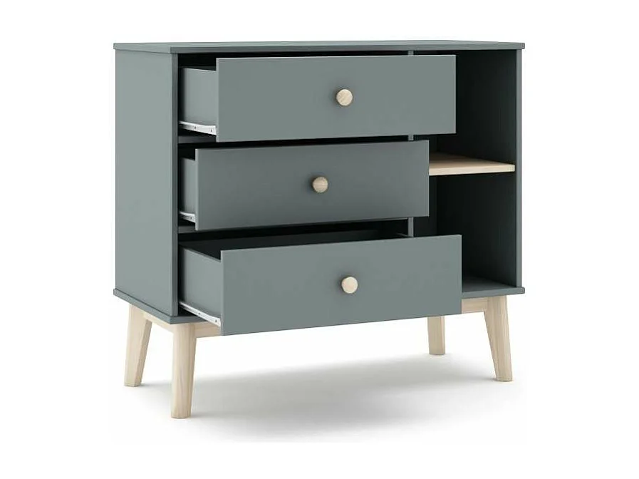 Cómoda 3 cajones 2 huecos Dylan acabado verde kaki/cera blanco, 81cm(alto) 90cm(ancho) 40