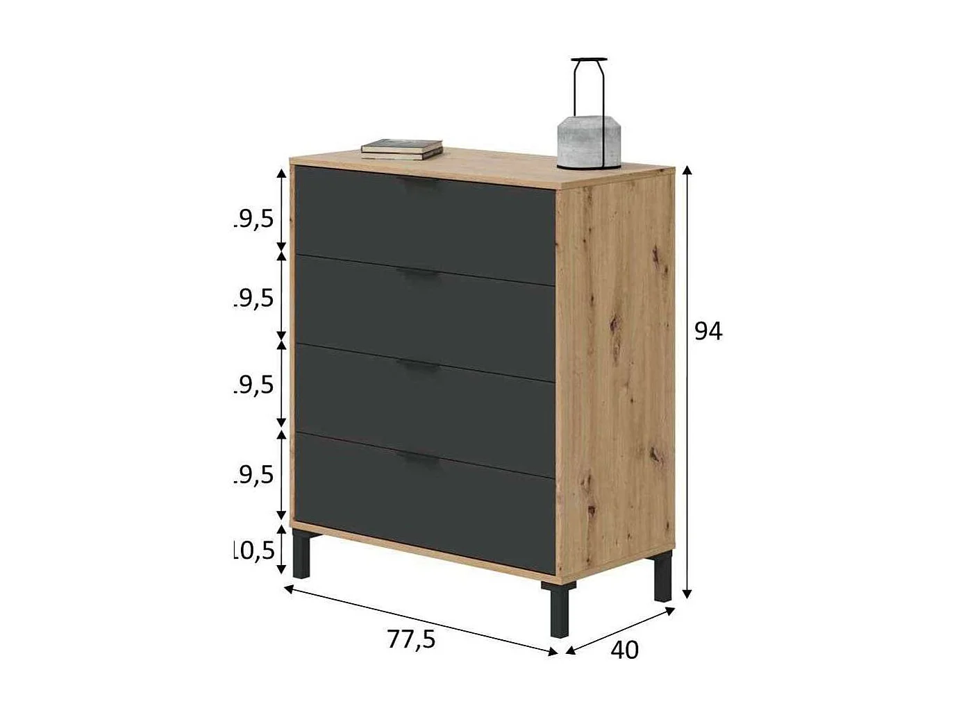 Cómoda con 4 Cajones para Dormitorio Luz en Color roble nodi/ antracita, 77,5cm(Ancho) 94