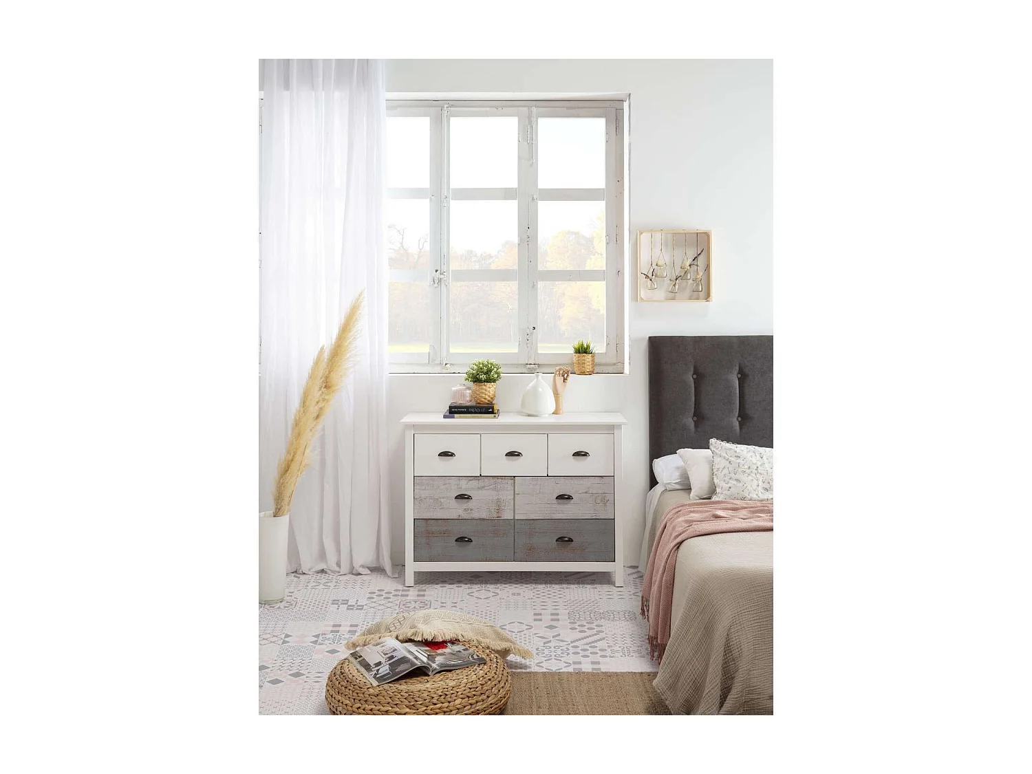 Cómoda modelo Amor 7 cajones acabado multicolor, 110cm(Ancho) 40cm(Fondo) 80cm(Alto