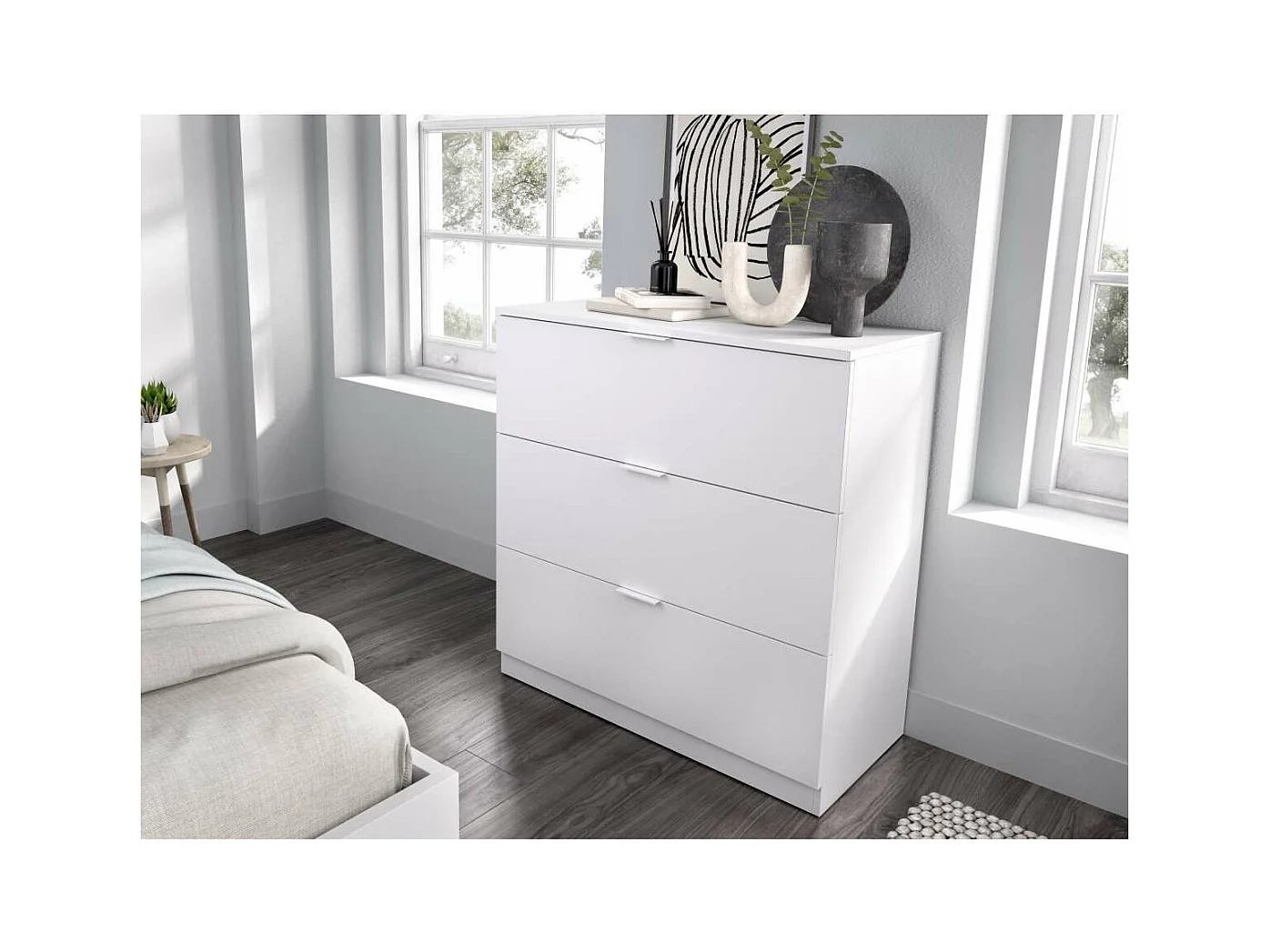 Cómoda 3 cajones acabado blanco, 82.5cm(alto) 82cm(ancho) 39cm(largo)