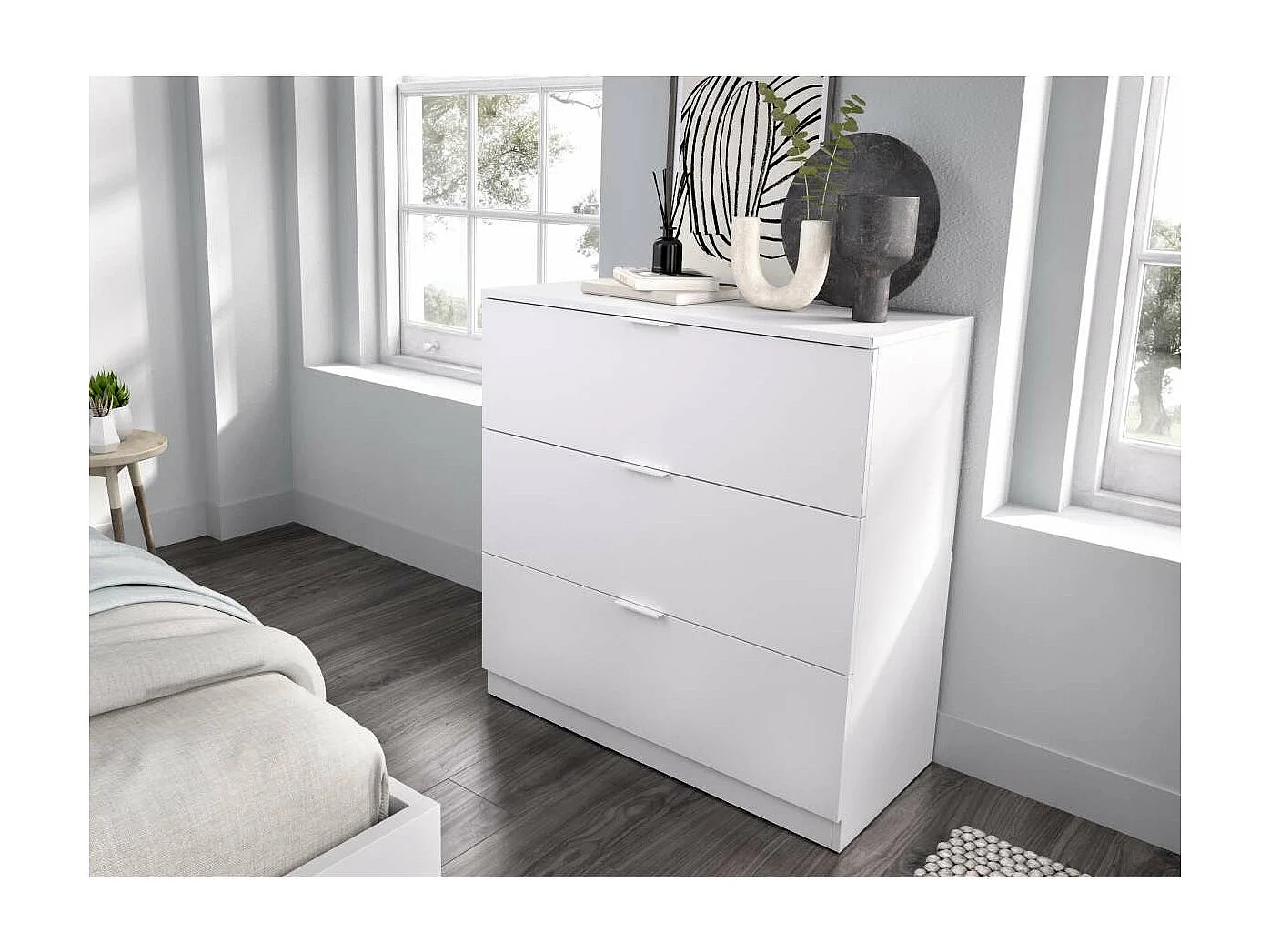 Cómoda 3 cajones acabado blanco, 82.5cm(alto) 82cm(ancho) 39cm(largo)