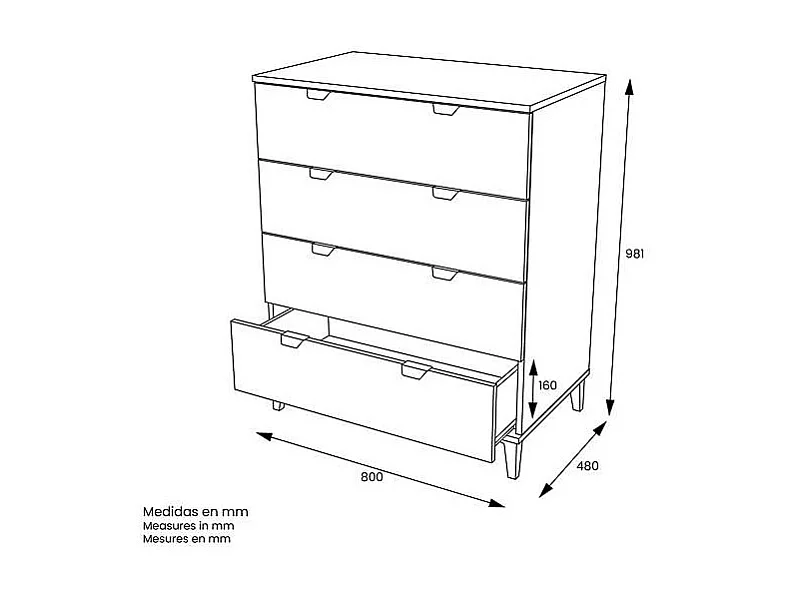 Comoda 4 cajones en acabado blanco 98 cm(alto)80 cm(ancho)48 cm(largo)