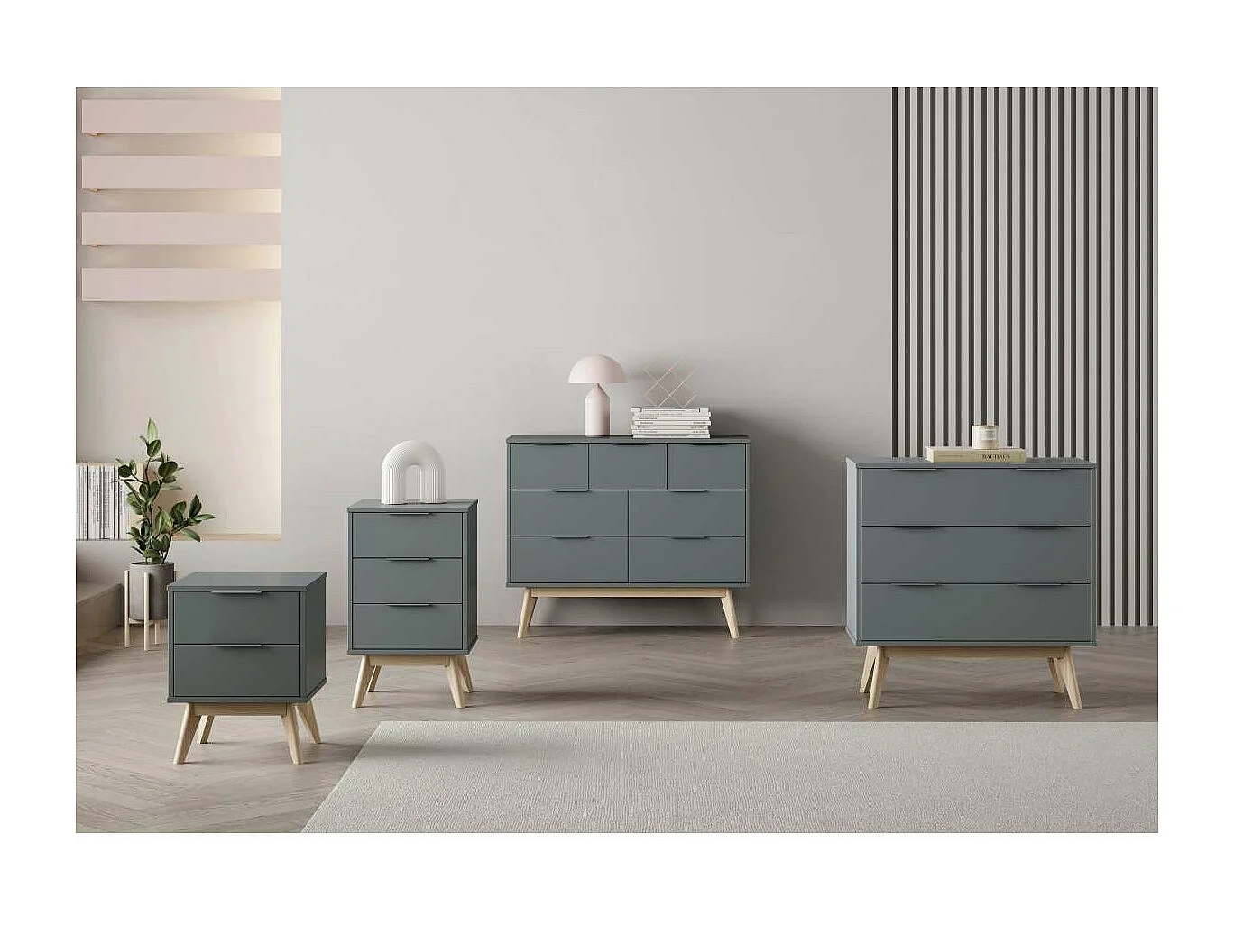 Cómoda para dormitorio modelo Nicolás 3 cajones acabado verde kaki/cera blanca, 80cm(anc