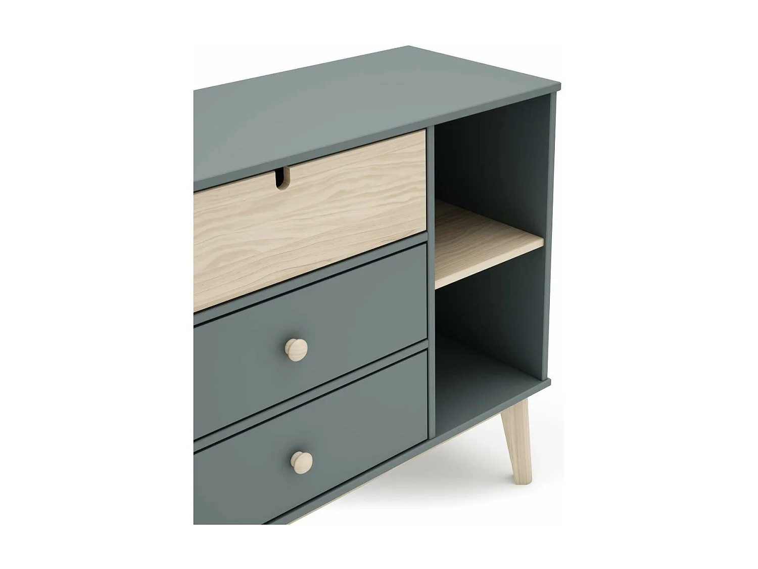 Cómoda 3 cajones y 2 huecos modelo Estela acabado verde kaki/cera blanca, 81cm(alto) 90cm