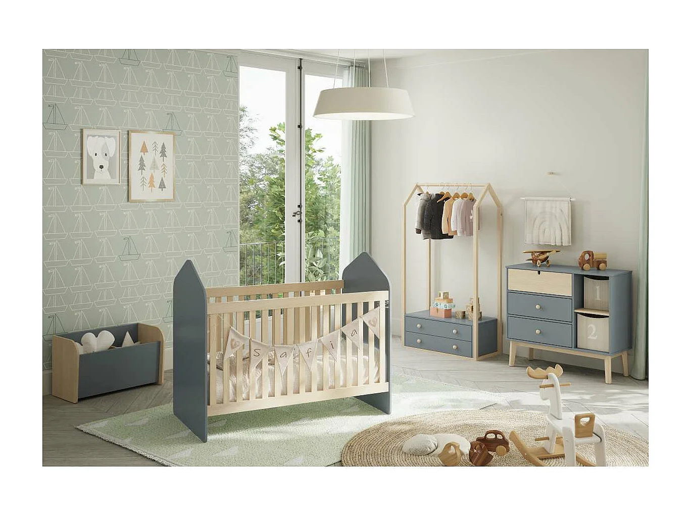 Cómoda 3 cajones y 2 huecos modelo Estela acabado verde kaki/cera blanca, 81cm(alto) 90cm