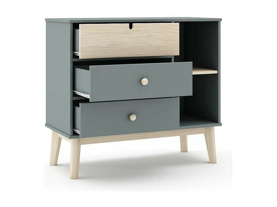 Cómoda 3 cajones y 2 huecos modelo Estela acabado verde kaki/cera blanca, 81cm(alto) 90cm