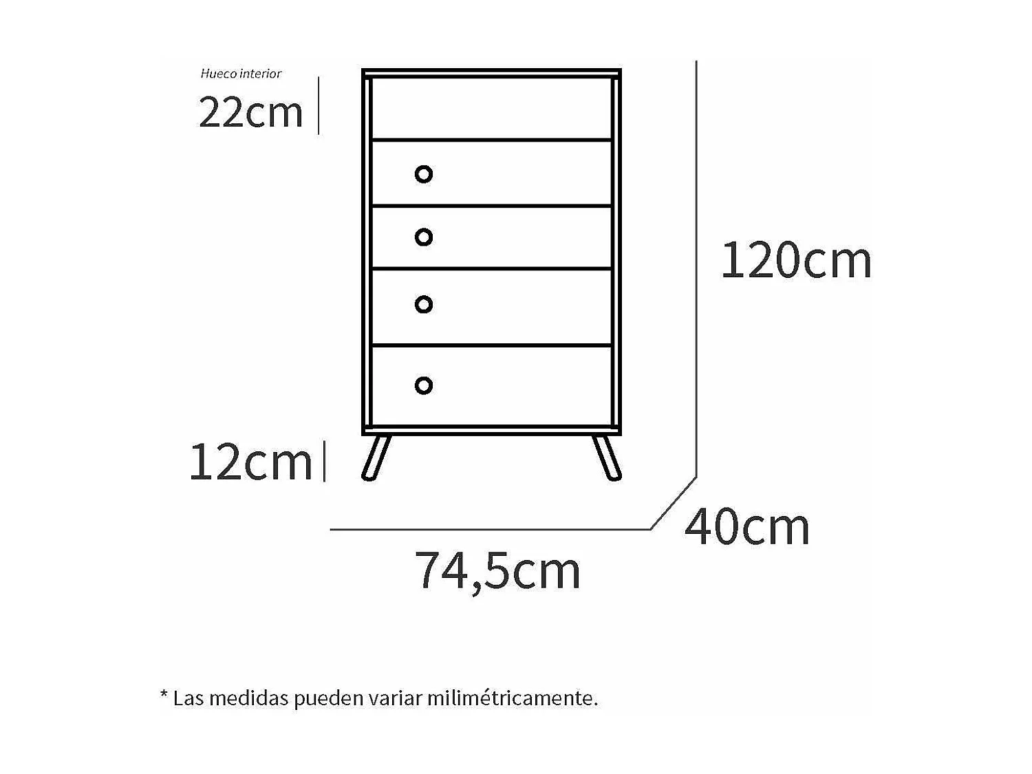 Cómoda Camila en acabado color roble 120 cm(alto)74,5 cm(ancho)40 cm(largo)