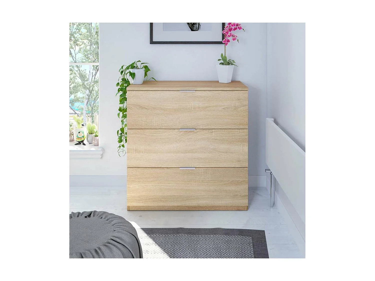 Cómoda 3 cajones Hierro en acabado roble canadian, 80cm(alto) 77cm(ancho) 38cm(largo)