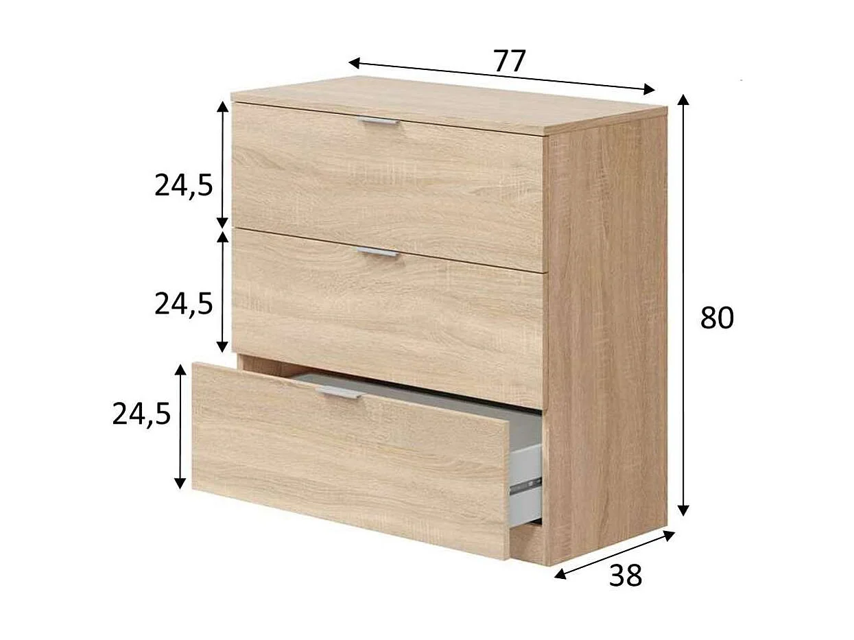 Cómoda 3 cajones Hierro en acabado roble canadian, 80cm(alto) 77cm(ancho) 38cm(largo)