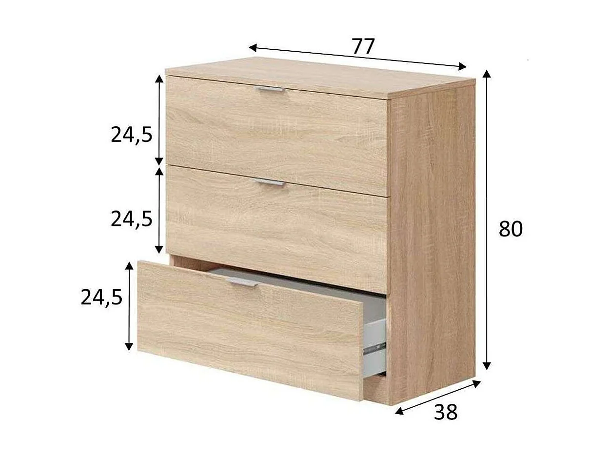 Cómoda 3 cajones Hierro en acabado roble canadian, 80cm(alto) 77cm(ancho) 38cm(largo)