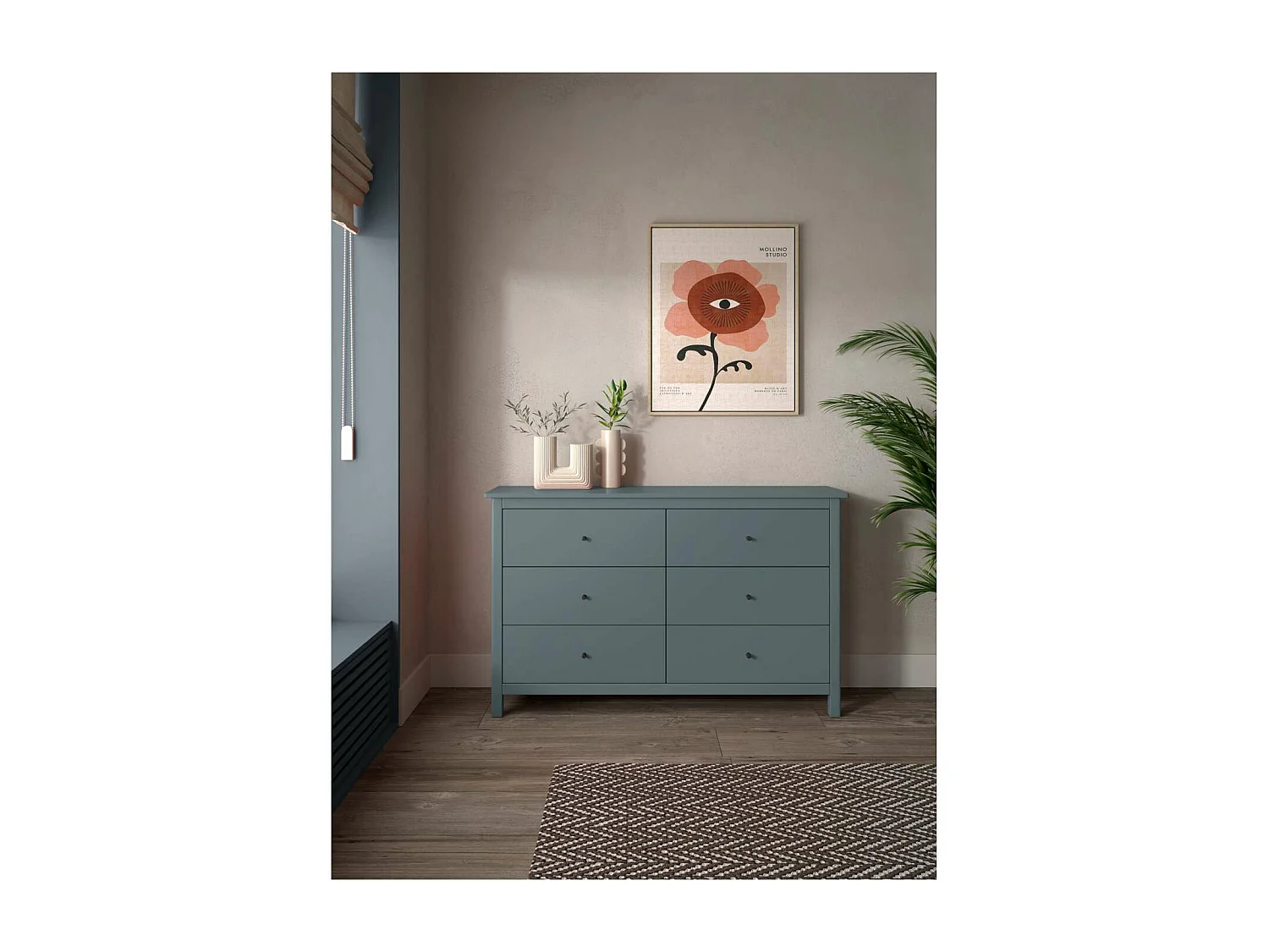 Cómoda para dormitorio modelo Miguel 6 cajones acabado verde kaki, 130cm(ancho) 80cm(alto