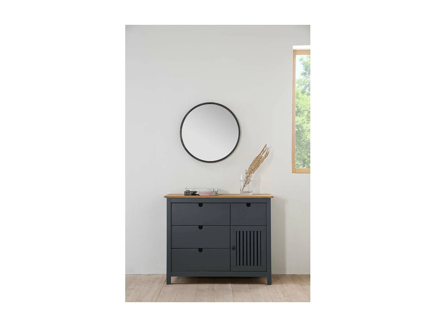 Cómoda 4 cajones 1 puerta acabado gris modelo Luna, 100 cm(ancho) 80 cm(alto) 40 cm (fond
