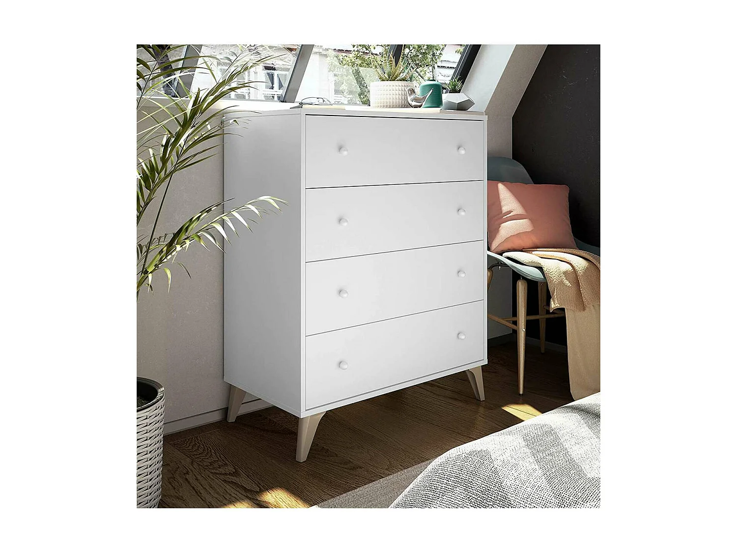 Comoda con 4 Cajones para Dormitorio Liss en Color Blanco Artik, 77,5 cm (Ancho) x 95 cm (