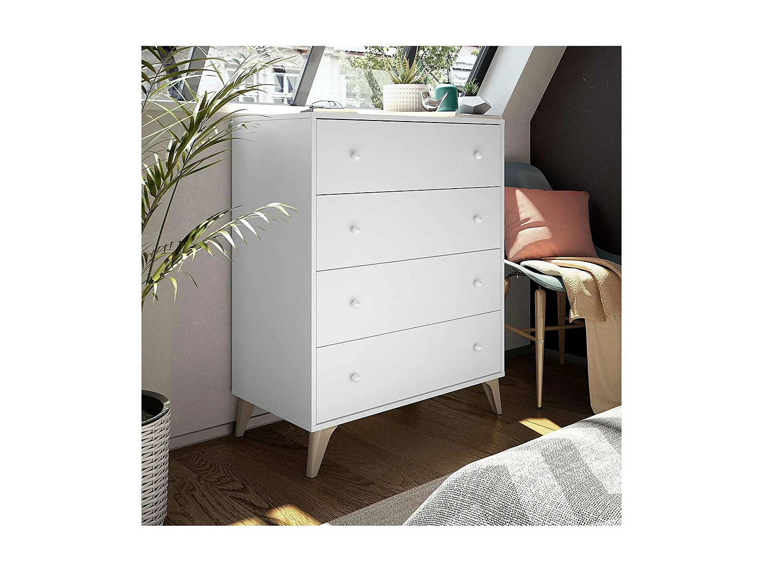 Comoda con 4 Cajones para Dormitorio Liss en Color Blanco Artik, 77,5 cm (Ancho) x 95 cm (