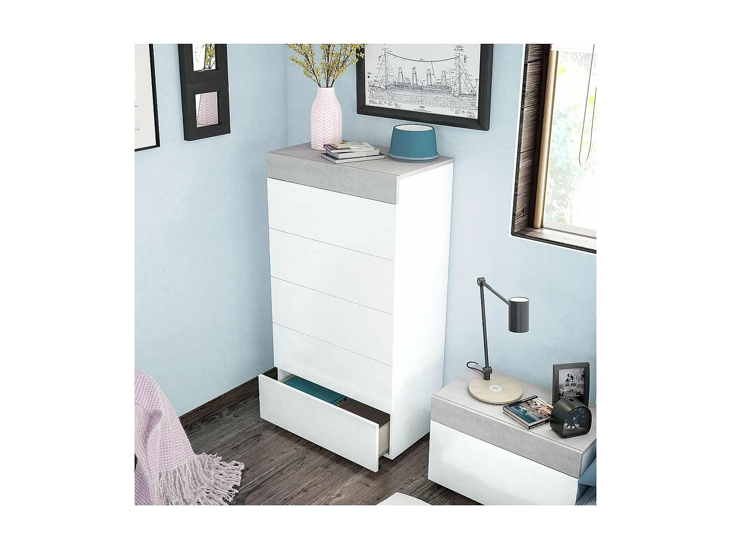 Sinfonier 5 cajones Modelo Tempo en blanco artik/cemento. 118cm(alto) 61cm(ancho) 40cm(fon