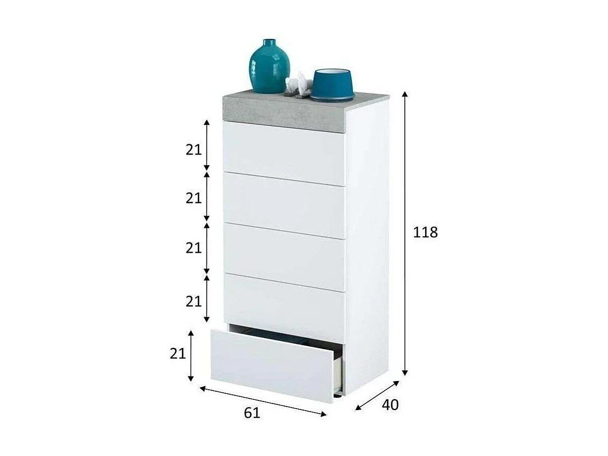 Sinfonier 5 cajones Modelo Tempo en blanco artik/cemento. 118cm(alto) 61cm(ancho) 40cm(fon