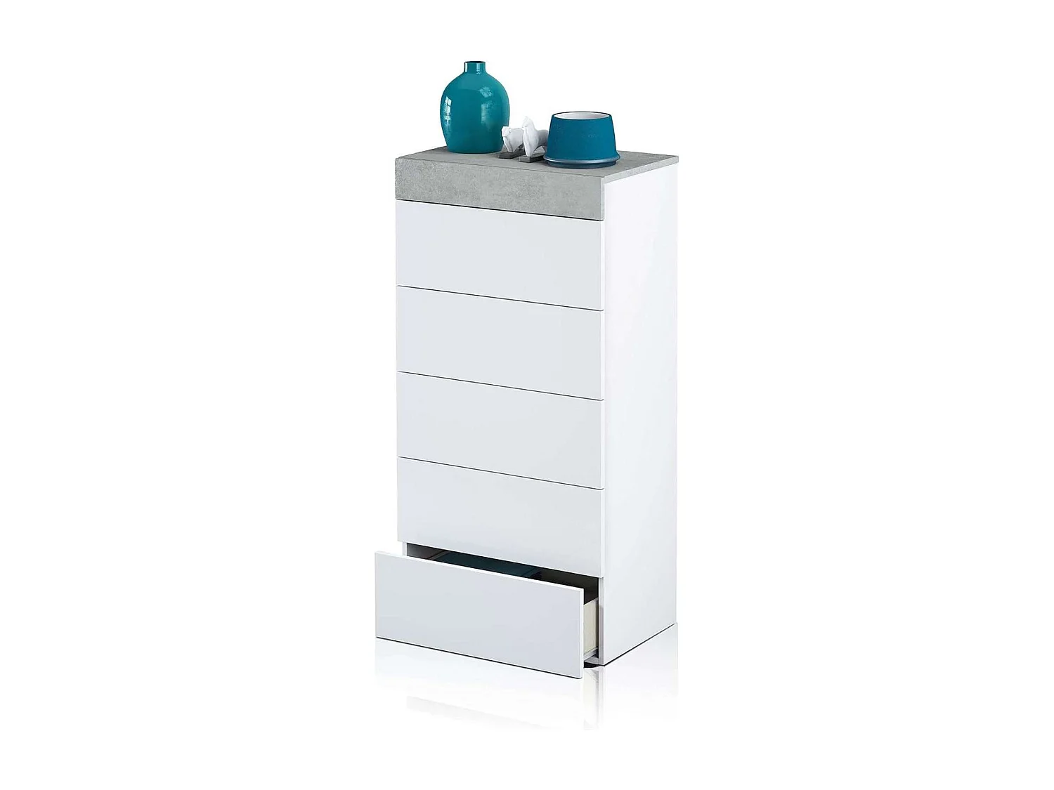 Sinfonier 5 cajones Modelo Tempo en blanco artik/cemento. 118cm(alto) 61cm(ancho) 40cm(fon