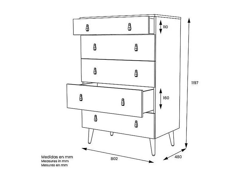 Sinfonier Tokio con 5 Cajones en blanco. 119 cm(alto), 80 cm(ancho), 48 cm(fondo)