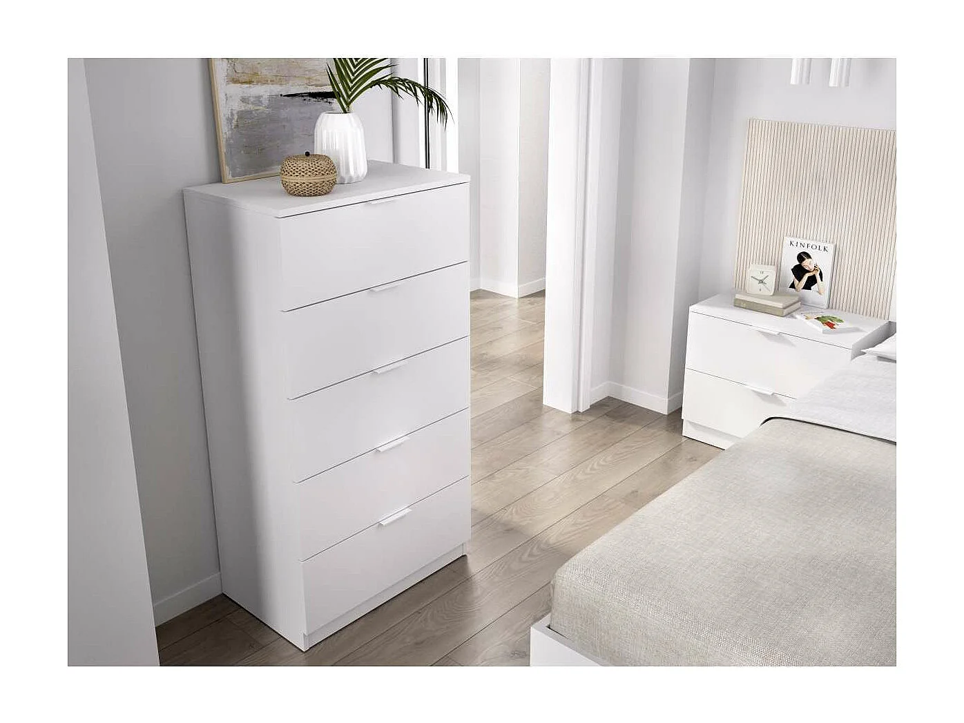 Sinfonier 5 Cajones para Dormitorio acabado blanco, 61cm(Ancho)  39cm(Fondo) 109cm(Alto).