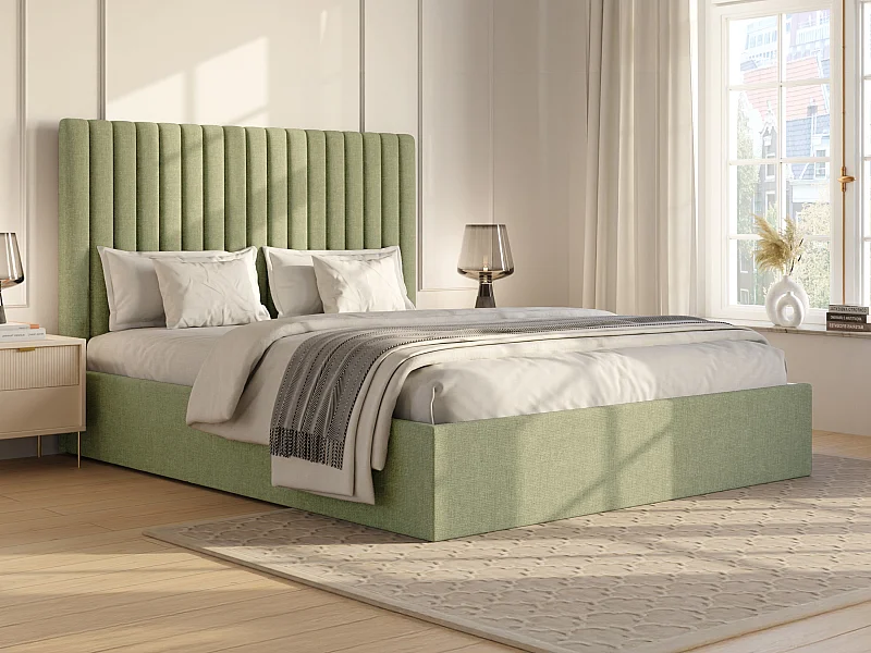 Lit coffre 120 x 190 cm avec tête de lit coutures verticales - Tissu - Vert clair - SARAH