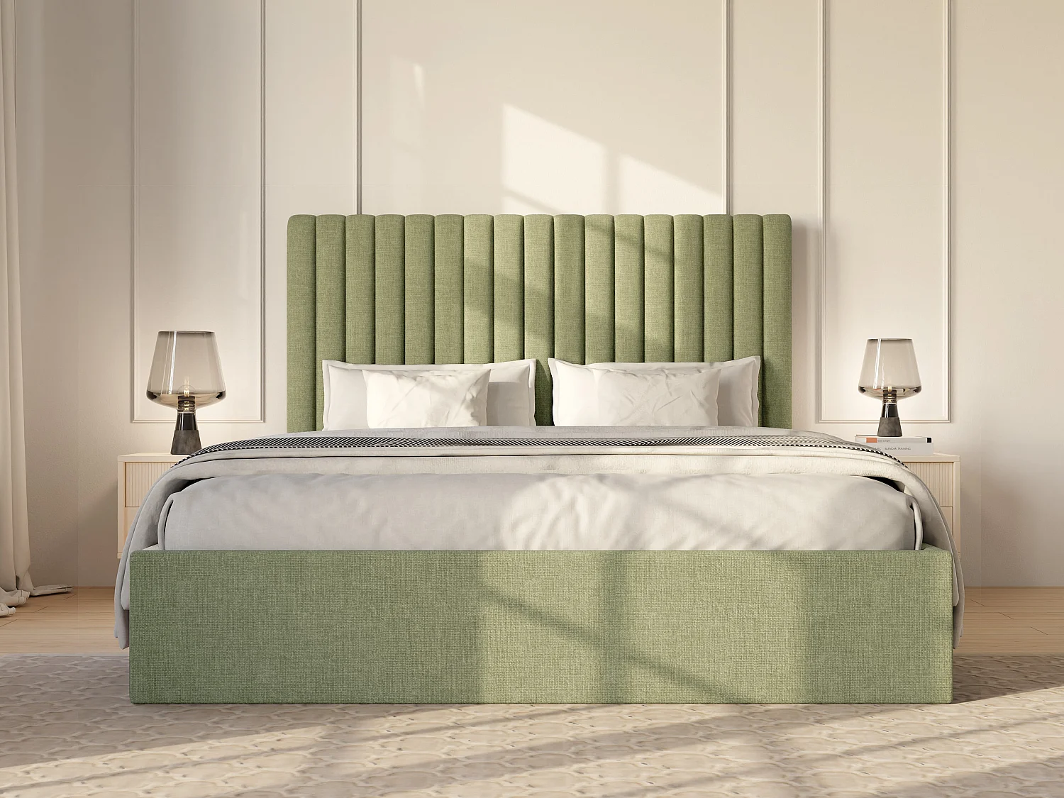 Bett mit Stauraum 120 x 190 cm mit Kopfteil und vertikalen Nähten - Stoff - Hellgrün - SARAH