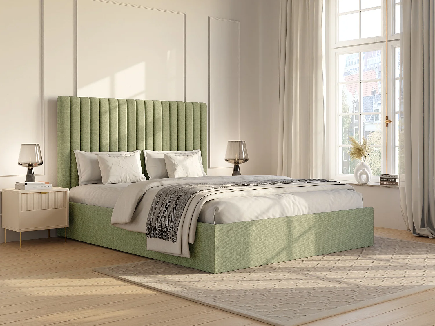 Lit coffre 120 x 190 cm avec tête de lit coutures verticales - Tissu - Vert clair - SARAH