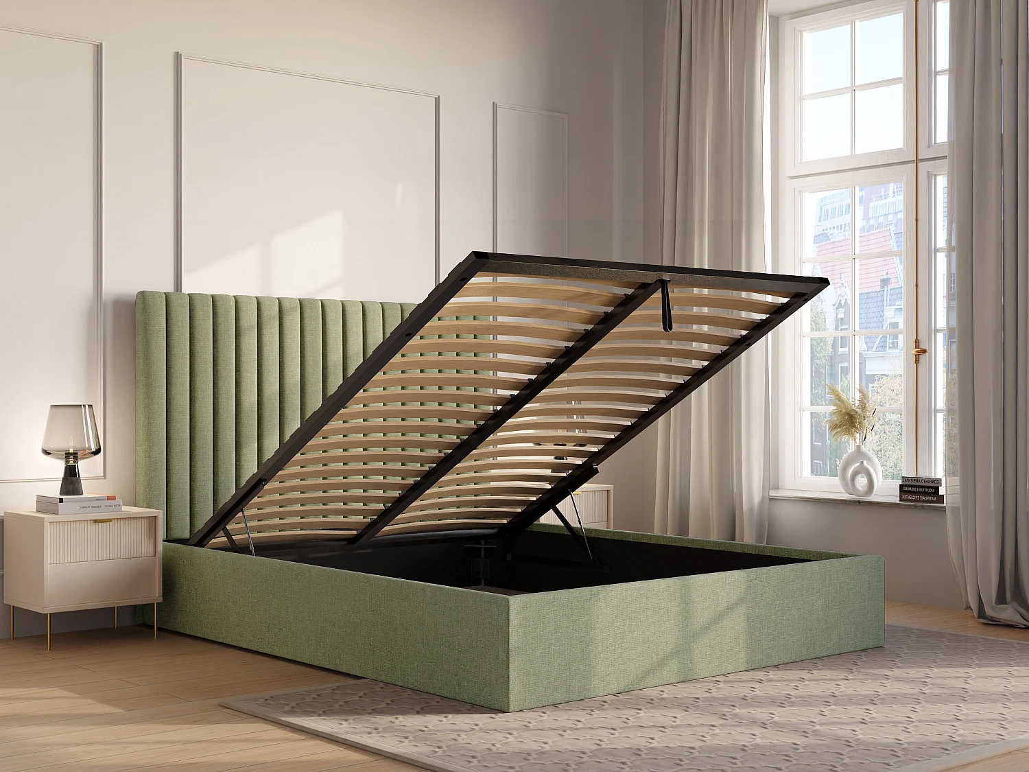 Lit coffre 120 x 190 cm avec tête de lit coutures verticales - Tissu - Vert clair - SARAH