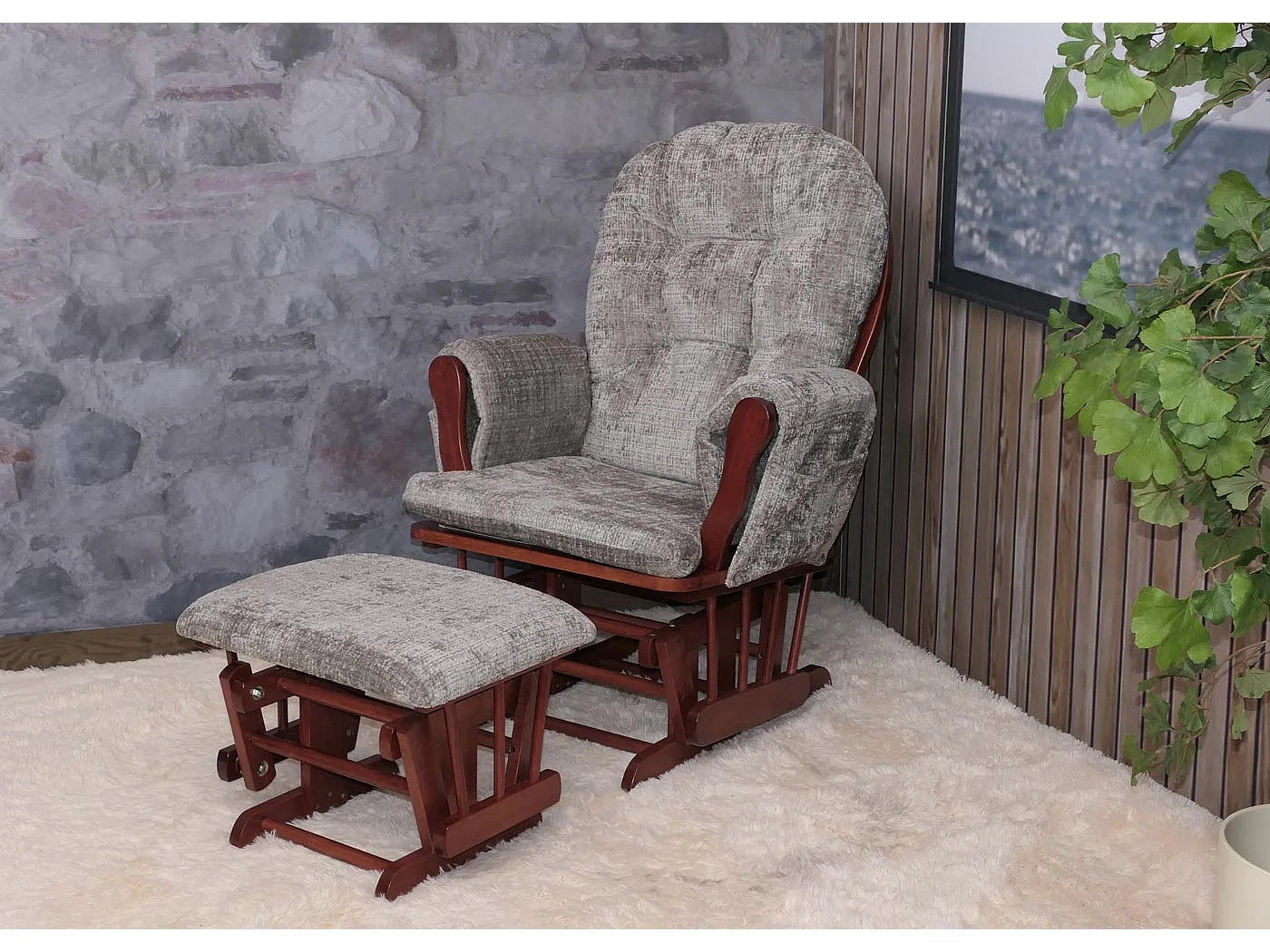 Poltrona a dondolo MCW-C76 sedia relax poggiapiedi Stoffa/tessuto ciniglia (465g/m²) ~ grigio chiaro, struttura scura