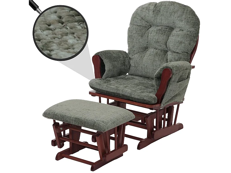 Poltrona a dondolo MCW-C76 sedia relax poggiapiedi Stoffa/tessuto ciniglia (465g/m²) ~ verde, struttura scura