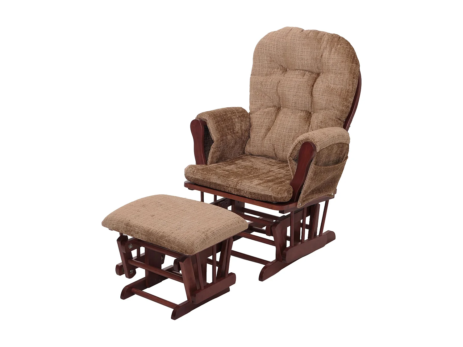 Poltrona a dondolo MCW-C76 sedia relax poggiapiedi Stoffa/tessuto ciniglia (465g/m²) ~ marrone chiaro, struttura scura