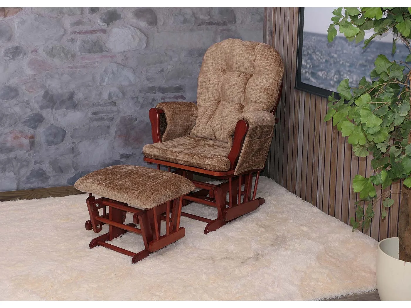 Poltrona a dondolo MCW-C76 sedia relax poggiapiedi Stoffa/tessuto ciniglia (465g/m²) ~ marrone chiaro, struttura scura