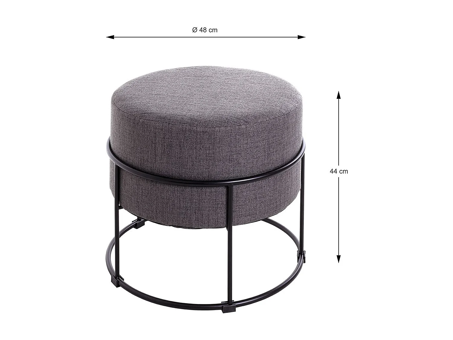 Tabouret en Tissu coloris gris et métal coloris noir - diamètre 48 x hauteur 44 cm