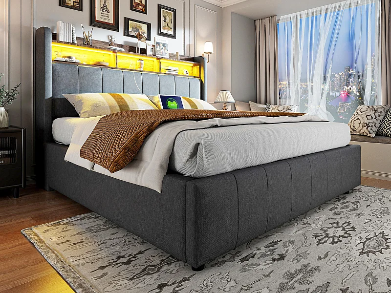 Mit Leinen gepolstertes Truhenbett 160 x 200 cm – mit LED + Steckdosen – Grau