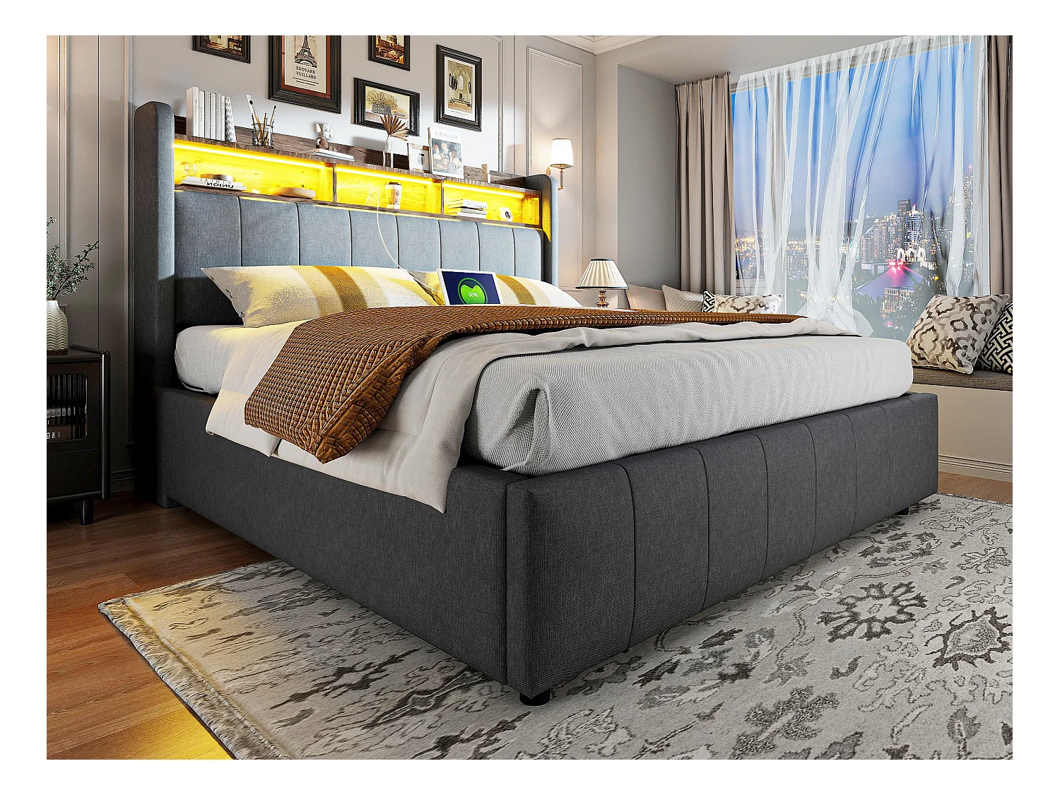 Lit coffre de rangement capitonné en lin 160x200cm - avec LED + prises - Gris