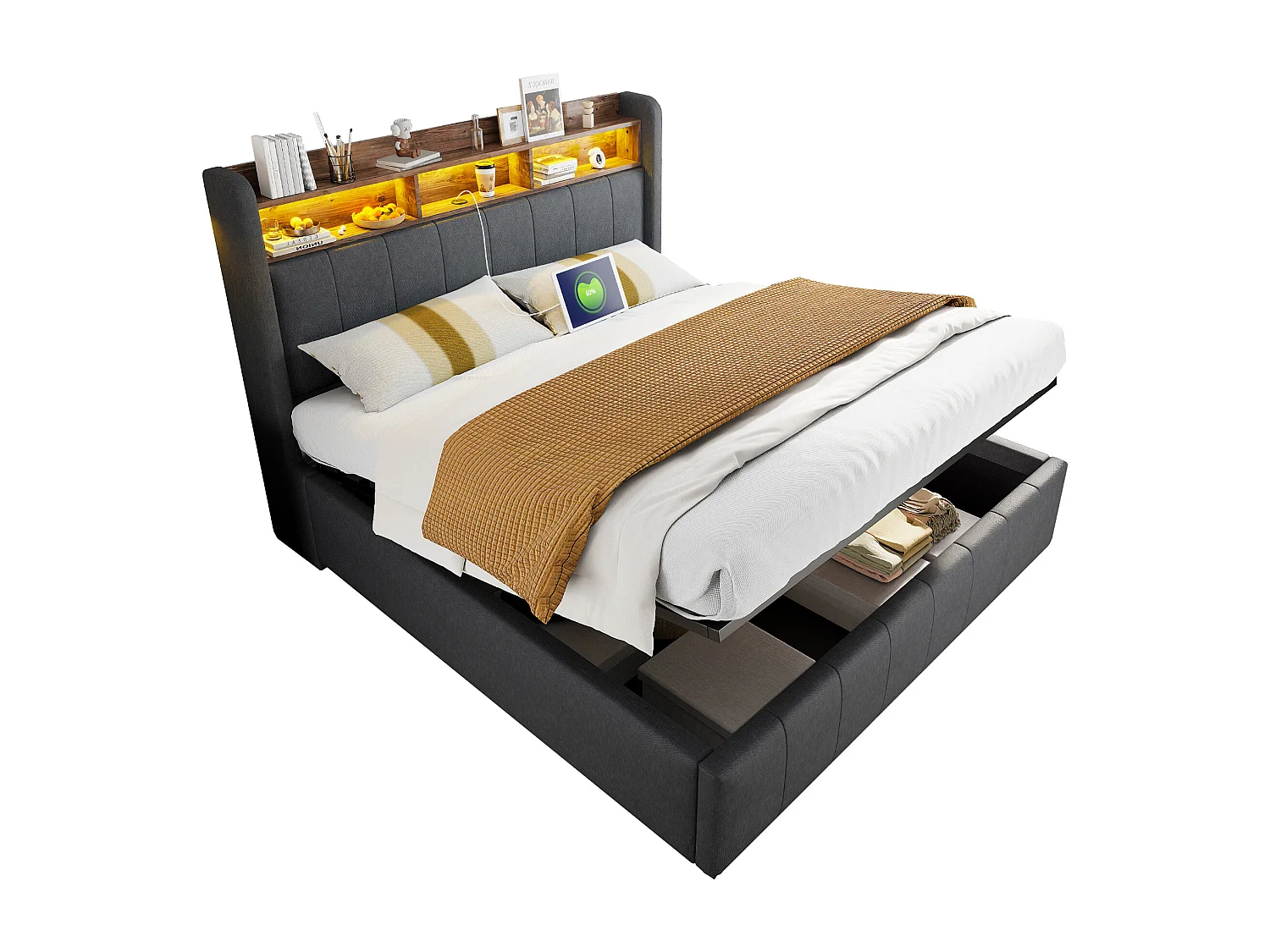 Lit coffre de rangement capitonné en lin 160x200cm - avec LED + prises - Gris