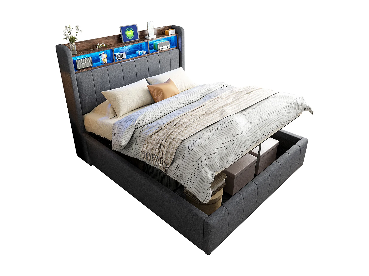 Lit coffre de rangement capitonné en lin 140x200cm - avec LED + prises - Gris