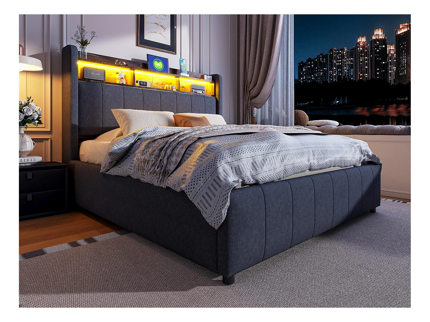 Lit coffre de rangement capitonné en lin 140x200cm - avec LED + prises - Gris