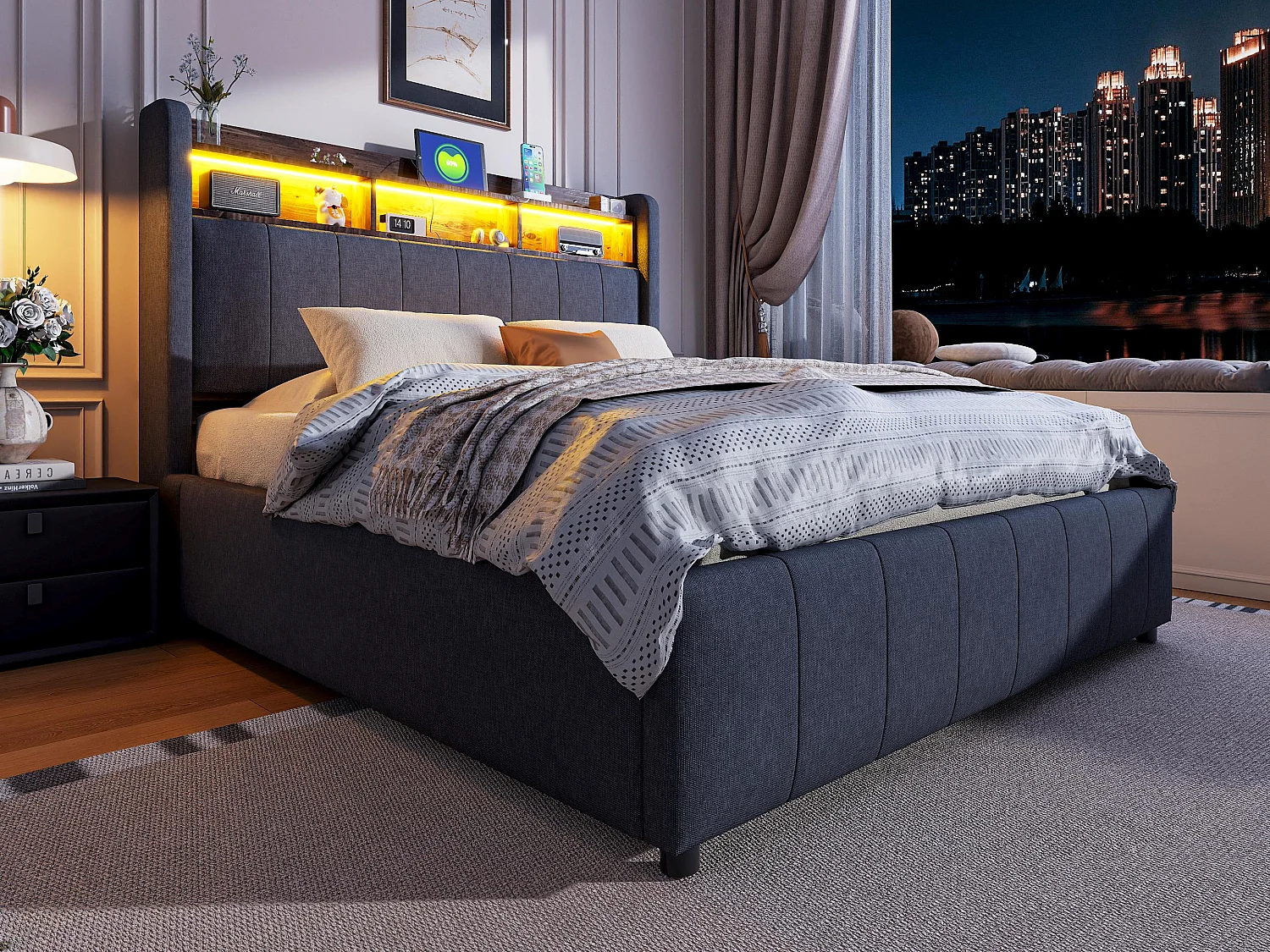 Mit Leinen gepolstertes Truhenbett 140 x 200 cm – mit LED + Steckdosen – Grau