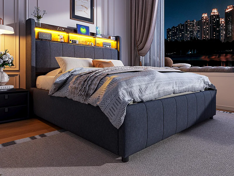 Mit Leinen gepolstertes Truhenbett 140 x 200 cm – mit LED + Steckdosen – Grau