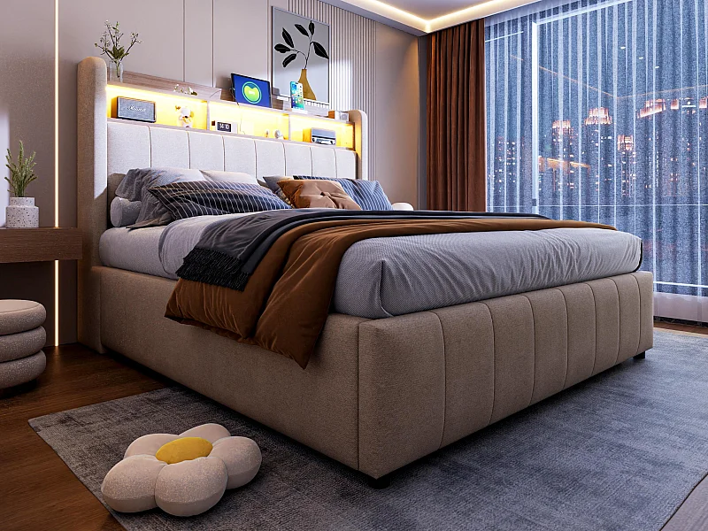 Cómoda cómoda acolchada de lino 140x200 cm - con LED + enchufes - Beige