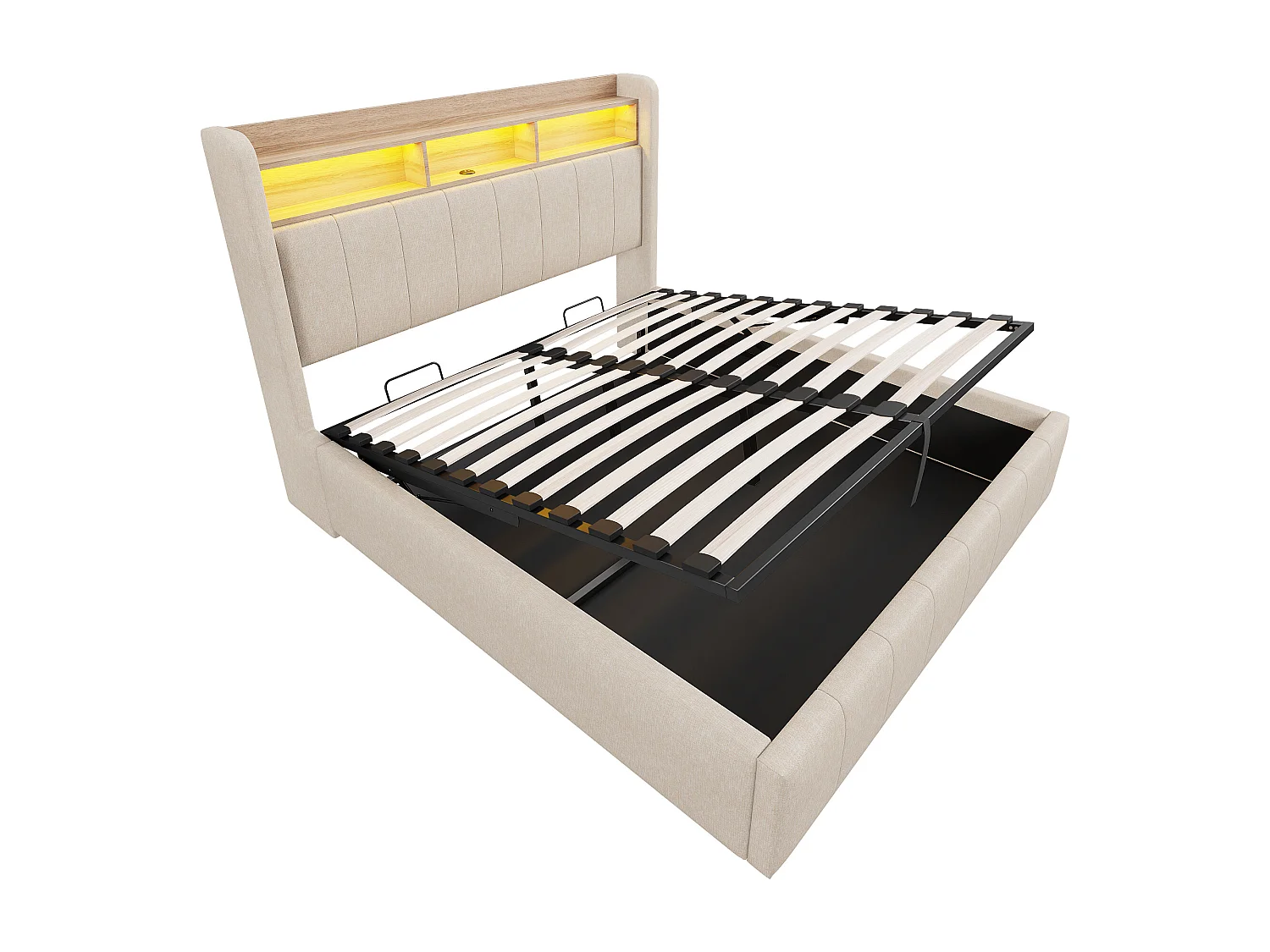 Lit coffre de rangement capitonné en lin 140x200cm - avec LED + prises - Beige