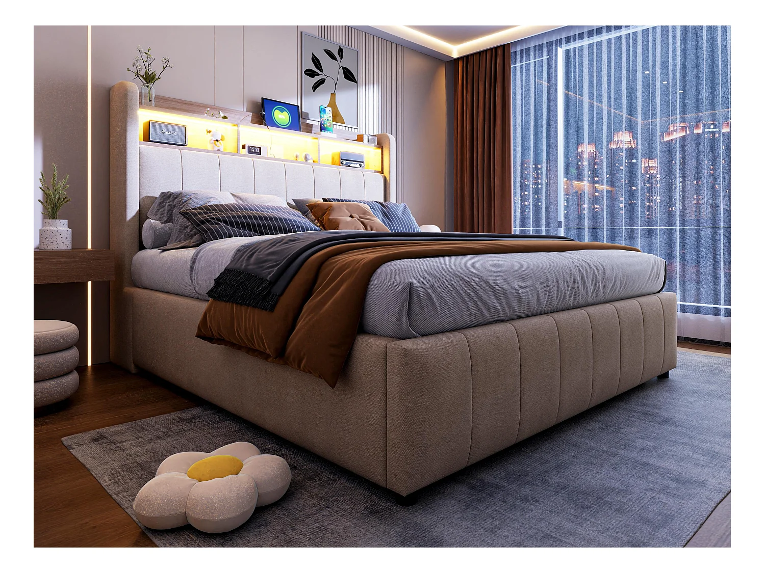 Lit coffre de rangement capitonné en lin 140x200cm - avec LED + prises - Beige