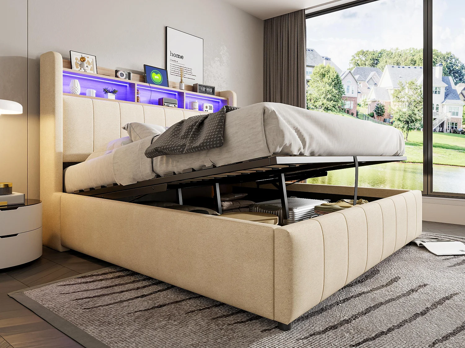 Lit coffre de rangement capitonné en lin 160x200cm - avec LED + prises - Beige