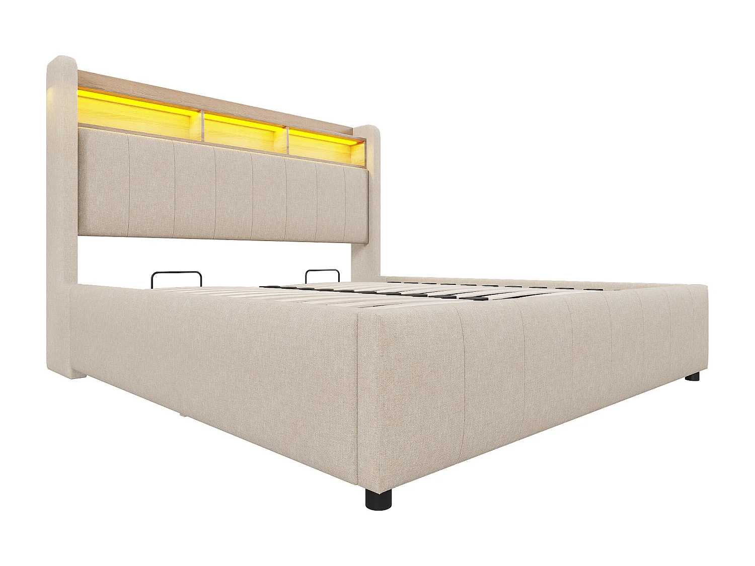 Lit coffre de rangement capitonné en lin 160x200cm - avec LED + prises - Beige