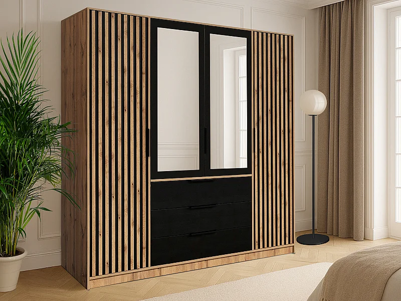 Armoire 4 portes et 3 tiroirs - Avec miroir - L196 cm - Coloris : Naturel et noir - LIRMADA