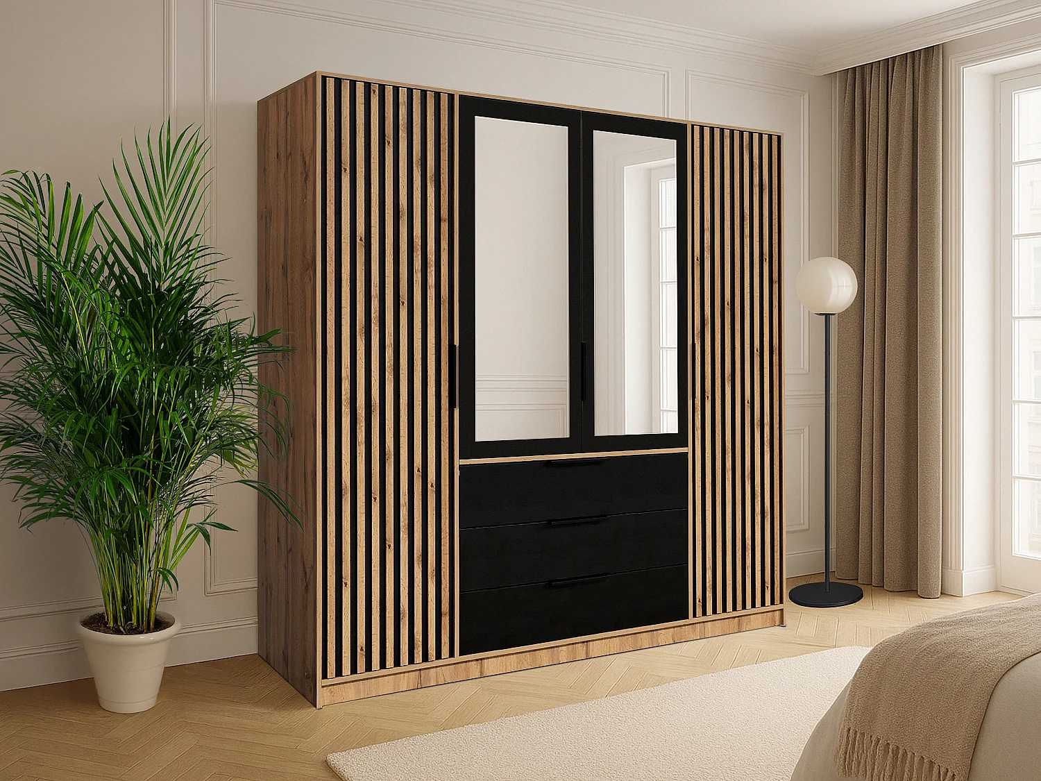 Armoire 4 portes et 3 tiroirs - Avec miroir - L196 cm - Coloris : Naturel et noir - LIRMADA