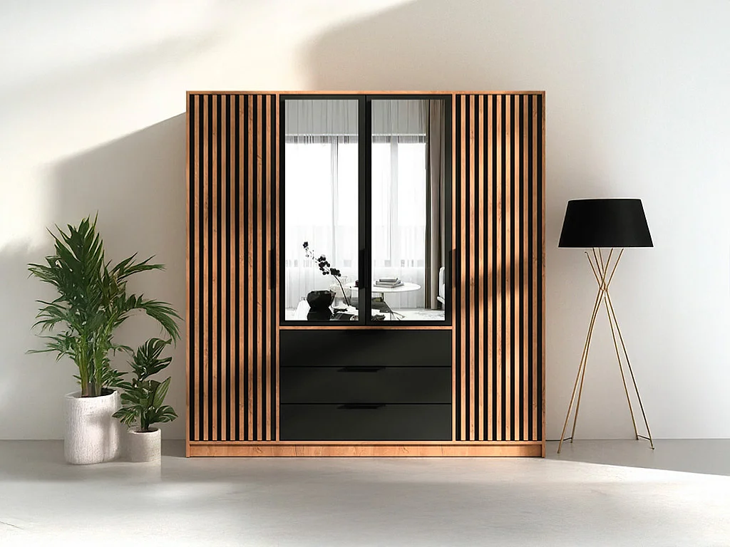 Armoire 4 portes et 3 tiroirs - Avec miroir - L196 cm - Coloris : Naturel et noir - LIRMADA